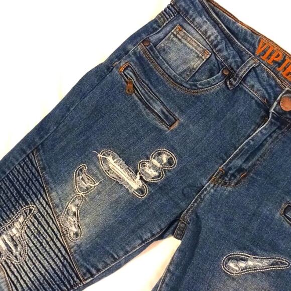VIP Jeans Women Sz 11 12 Blue Fancy Distressed Skinny Fray Boho Hip Hop Designer - Picture 8 of 16